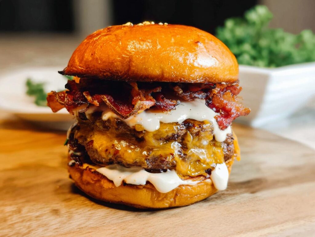 A tall, juicy double patty Crack Burger loaded with melted cheese, crispy bacon, and white sauce on a brioche bun.