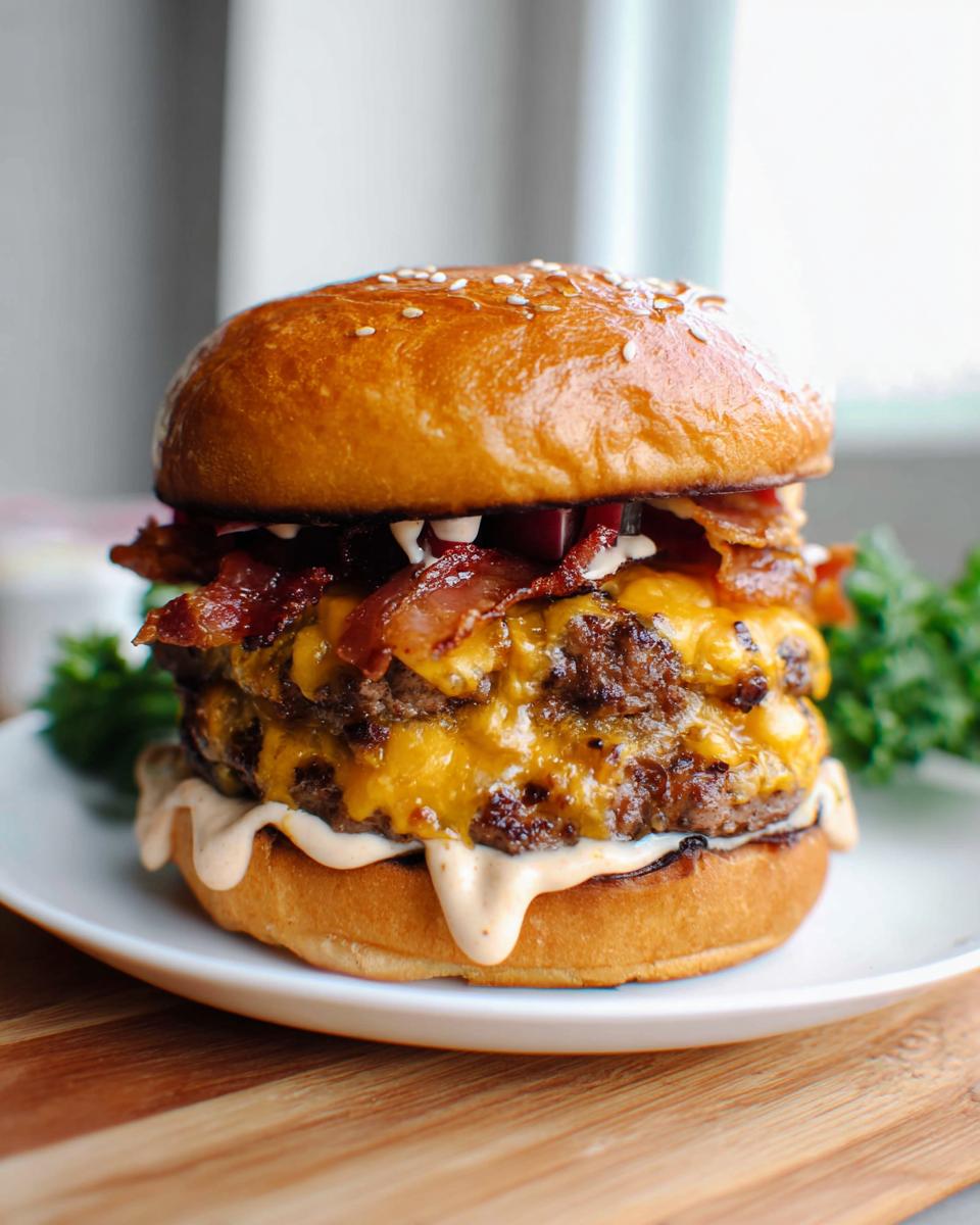A tall, juicy double patty Crack Burgers stacked high with melted cheese and crispy bacon on a sesame seed bun.