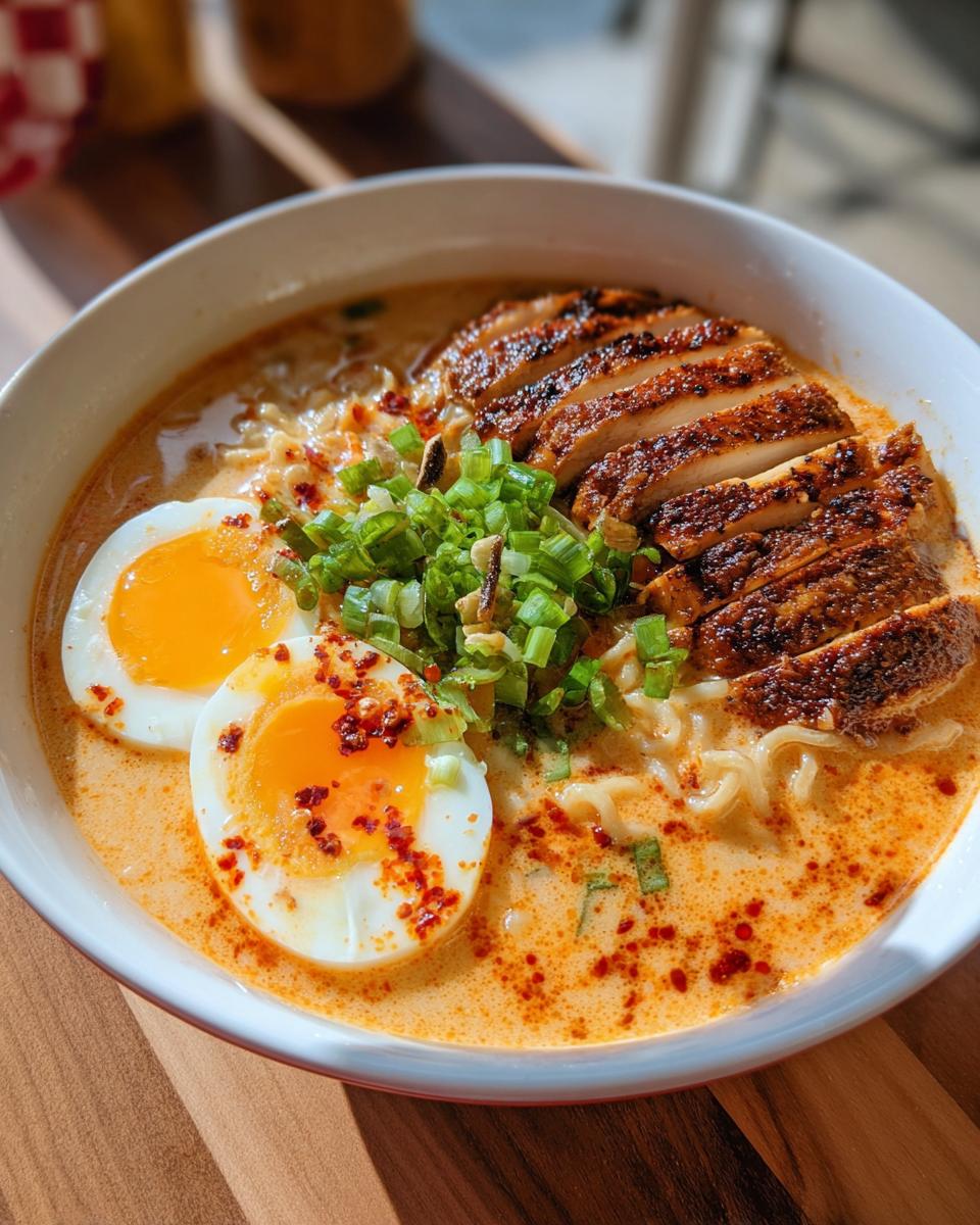 A close-up of a bowl of Creamy Garlic Chicken Ramen featuring sliced seasoned chicken, soft-boiled eggs, and green onions.