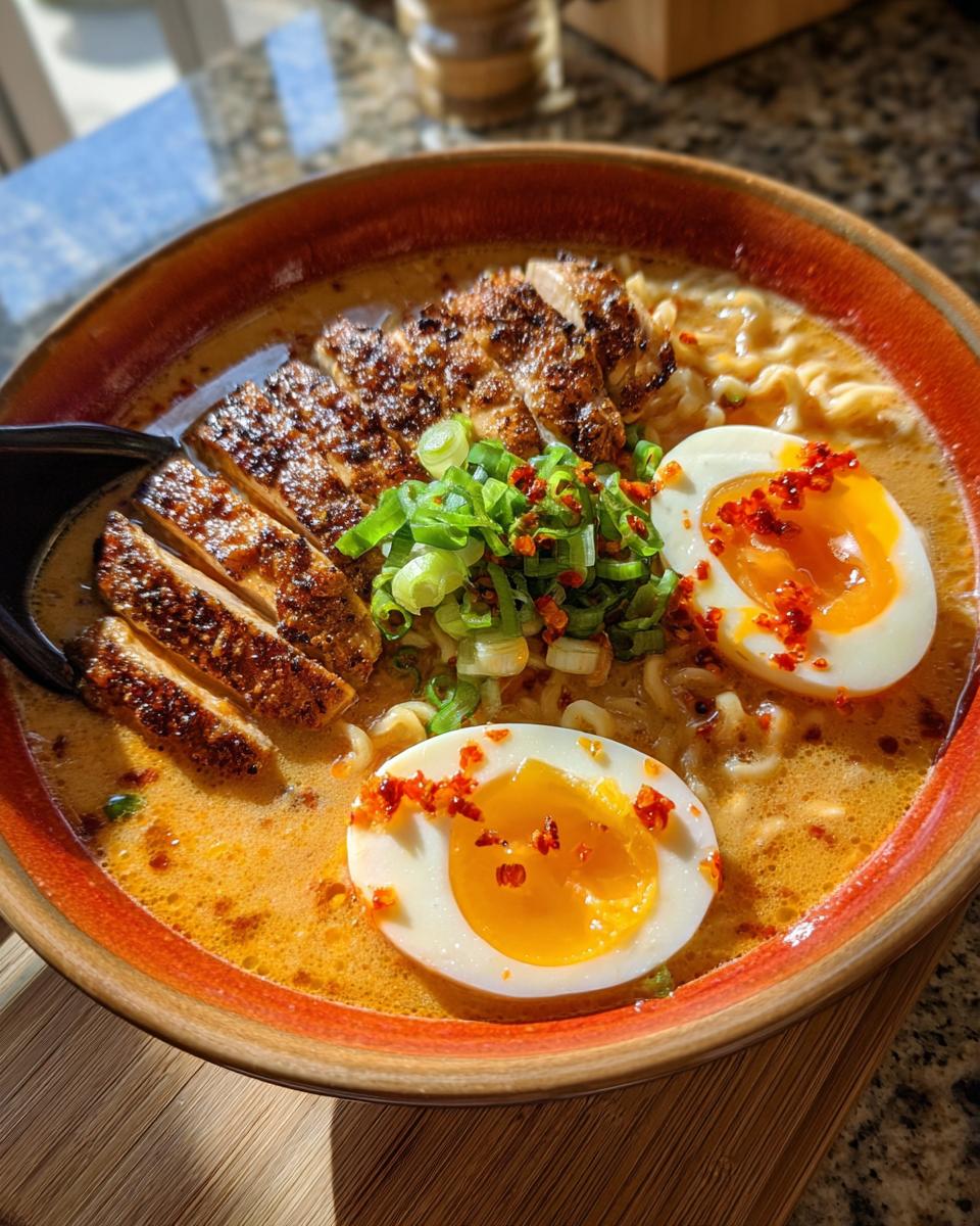 A close-up of a bowl of Creamy Garlic Chicken Ramen topped with sliced chicken, scallions, and two halves of a soft-boiled egg.