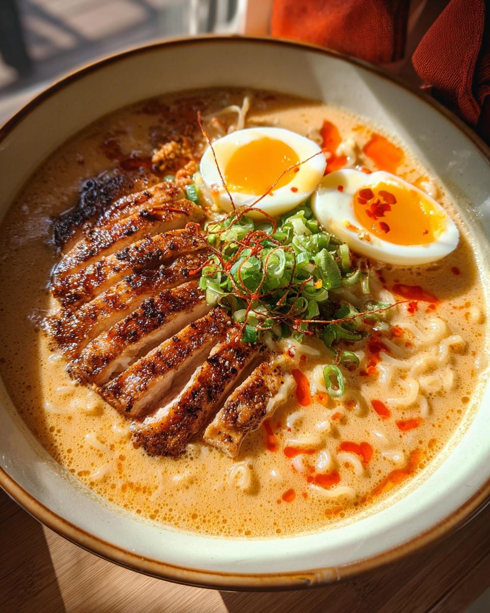 A close-up bowl of Creamy Garlic Chicken Ramen topped with sliced seared chicken, soft-boiled eggs, and green onions.