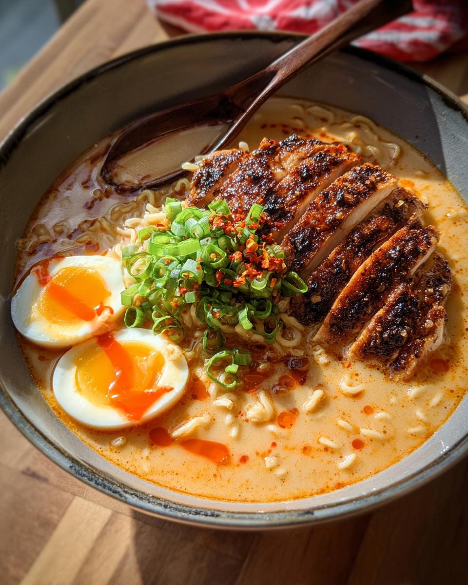 Close-up of a bowl of Creamy Garlic Chicken Ramen topped with sliced, seasoned chicken and soft-boiled eggs.