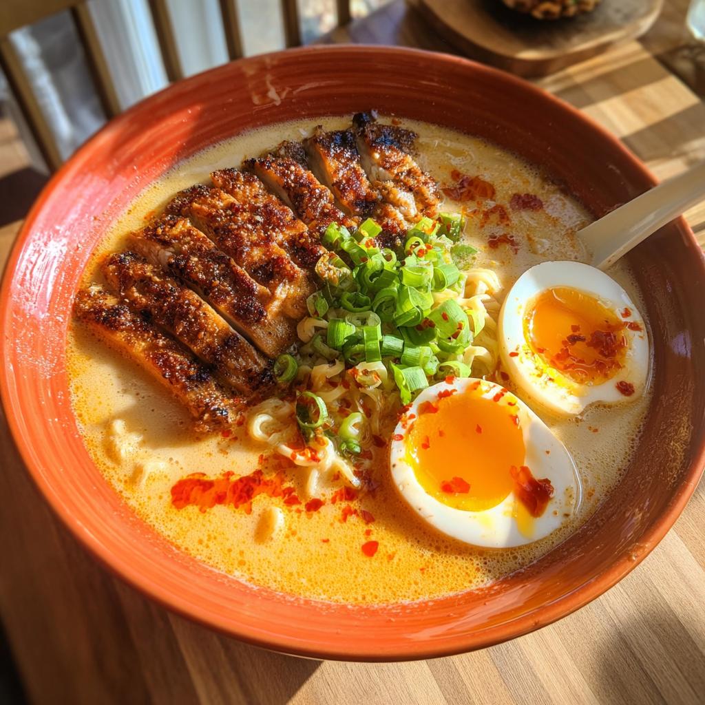 A close-up of a bowl of Creamy Garlic Chicken Ramen topped with sliced grilled chicken, scallions, and soft-boiled eggs.