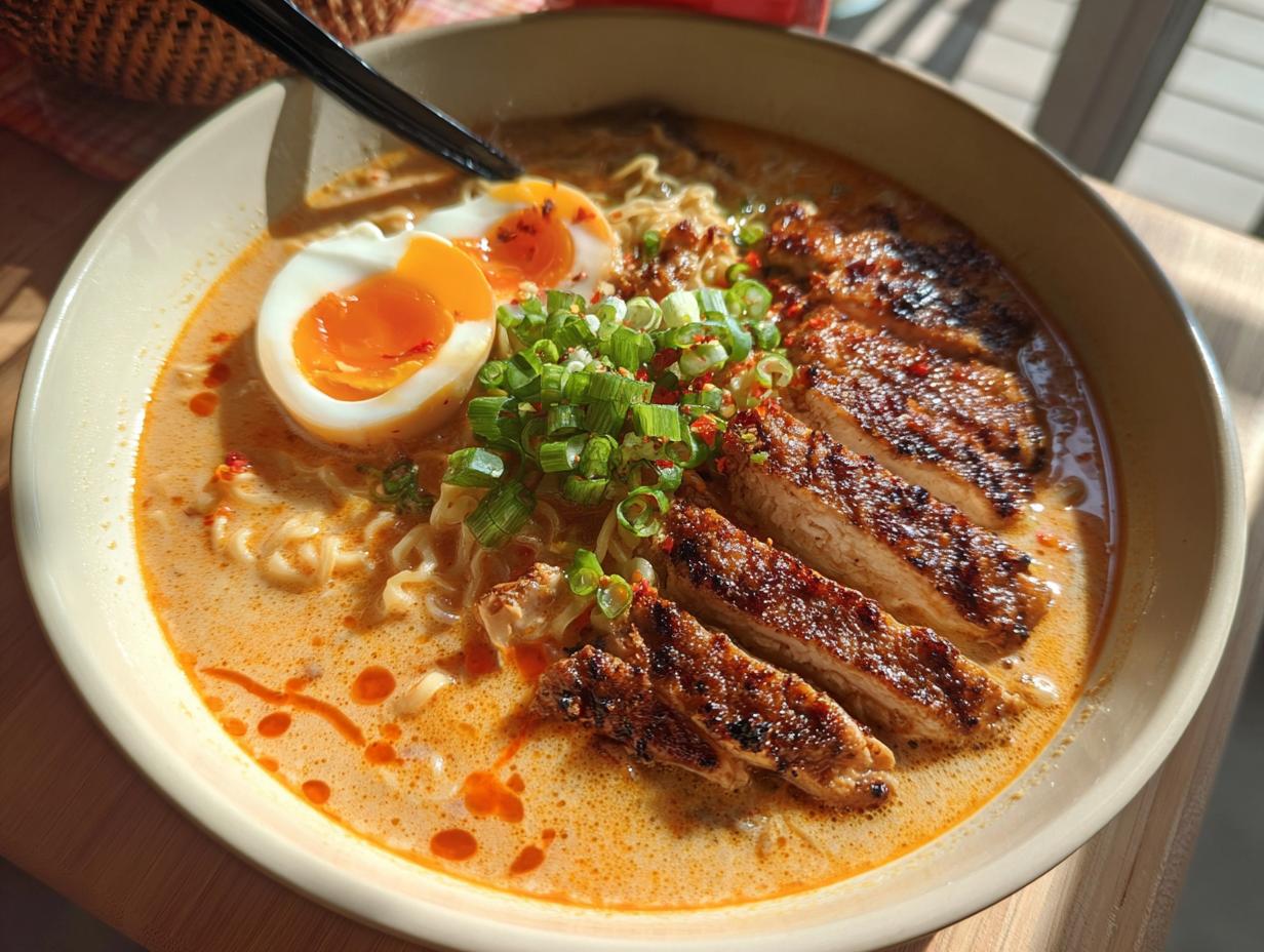 A close-up of a bowl of Creamy Garlic Chicken Ramen topped with sliced grilled chicken and a soft-boiled egg.