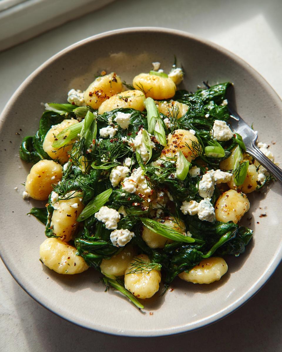 A bowl of Creamy Gnocchi with Spinach and Feta, topped with crumbled feta and fresh dill.