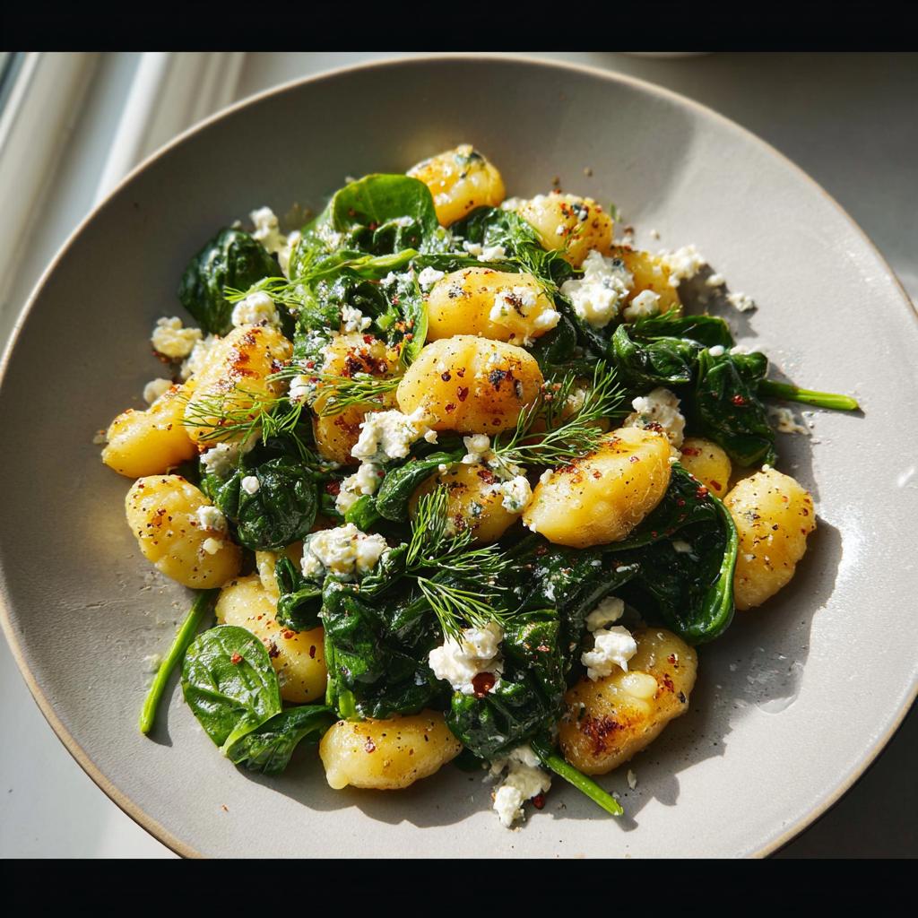 A bowl of pan-seared gnocchi mixed with wilted spinach, crumbled feta cheese, and fresh dill.
