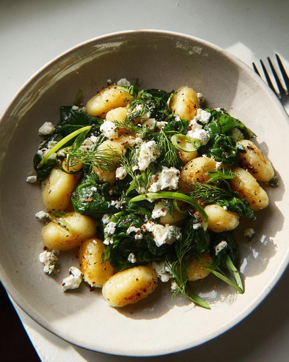 A close-up of pan-seared gnocchi mixed with wilted spinach, crumbled feta, and fresh dill.