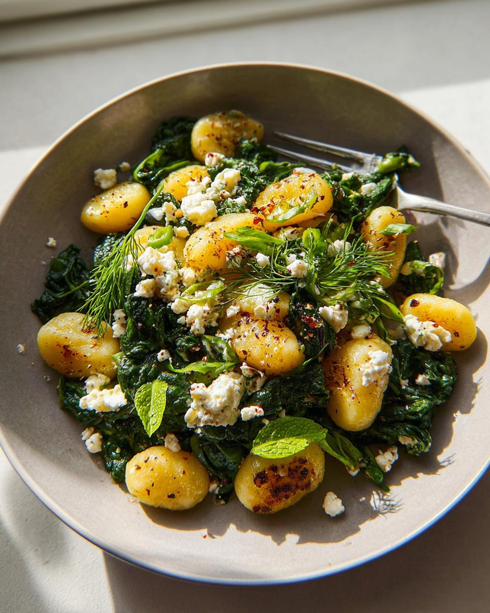 A bowl of Creamy Gnocchi with Spinach and Feta, topped with crumbled feta and fresh herbs.