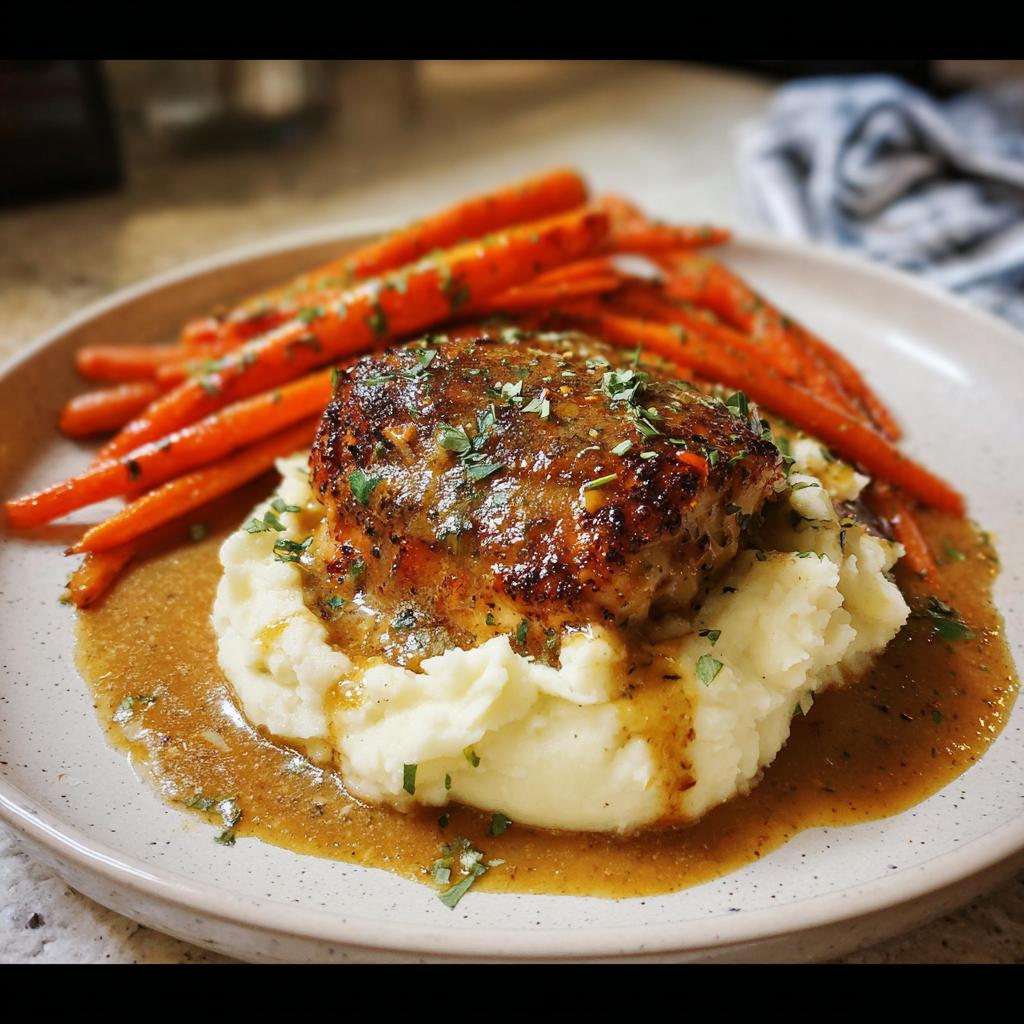 A plated serving of Creamy Herb Chicken with Mashed Potatoes and glazed carrots, covered in sauce.