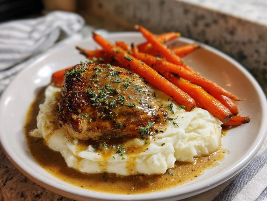 A serving of Creamy Herb Chicken with Mashed Potatoes & Glazed Carrots on a white plate.
