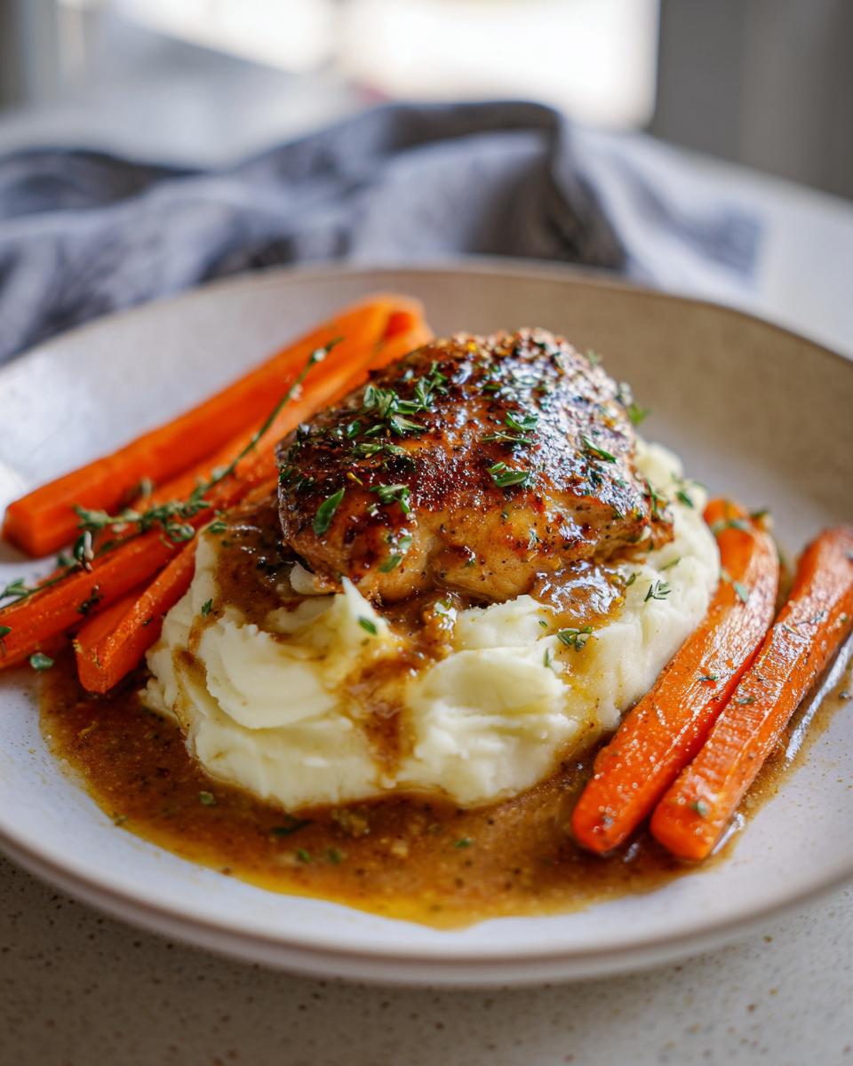 A plated serving of Creamy Herb Chicken with Mashed Potatoes & Glazed Carrots, covered in savory pan sauce.