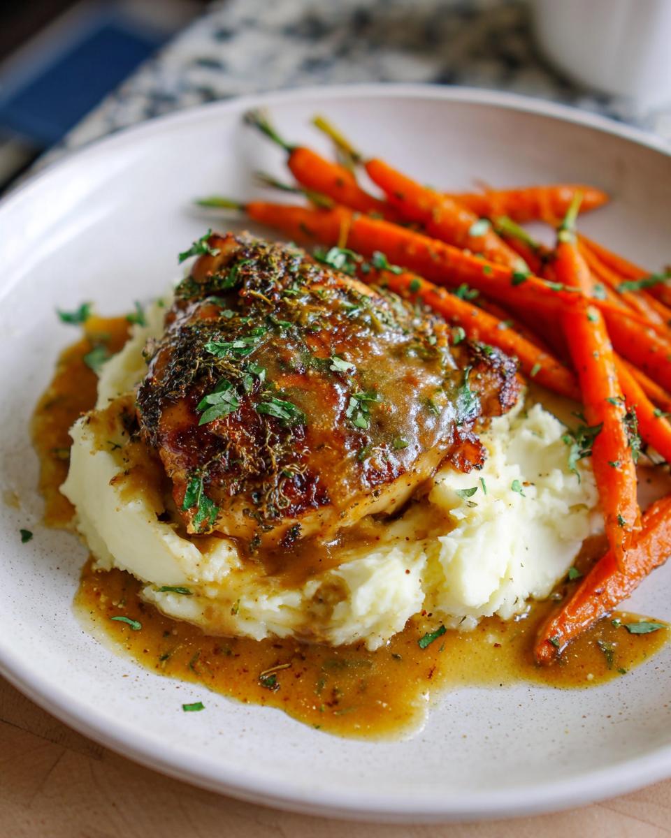 A plated serving of Creamy Herb Chicken with Mashed Potatoes & Glazed Carrots, drizzled with pan sauce.