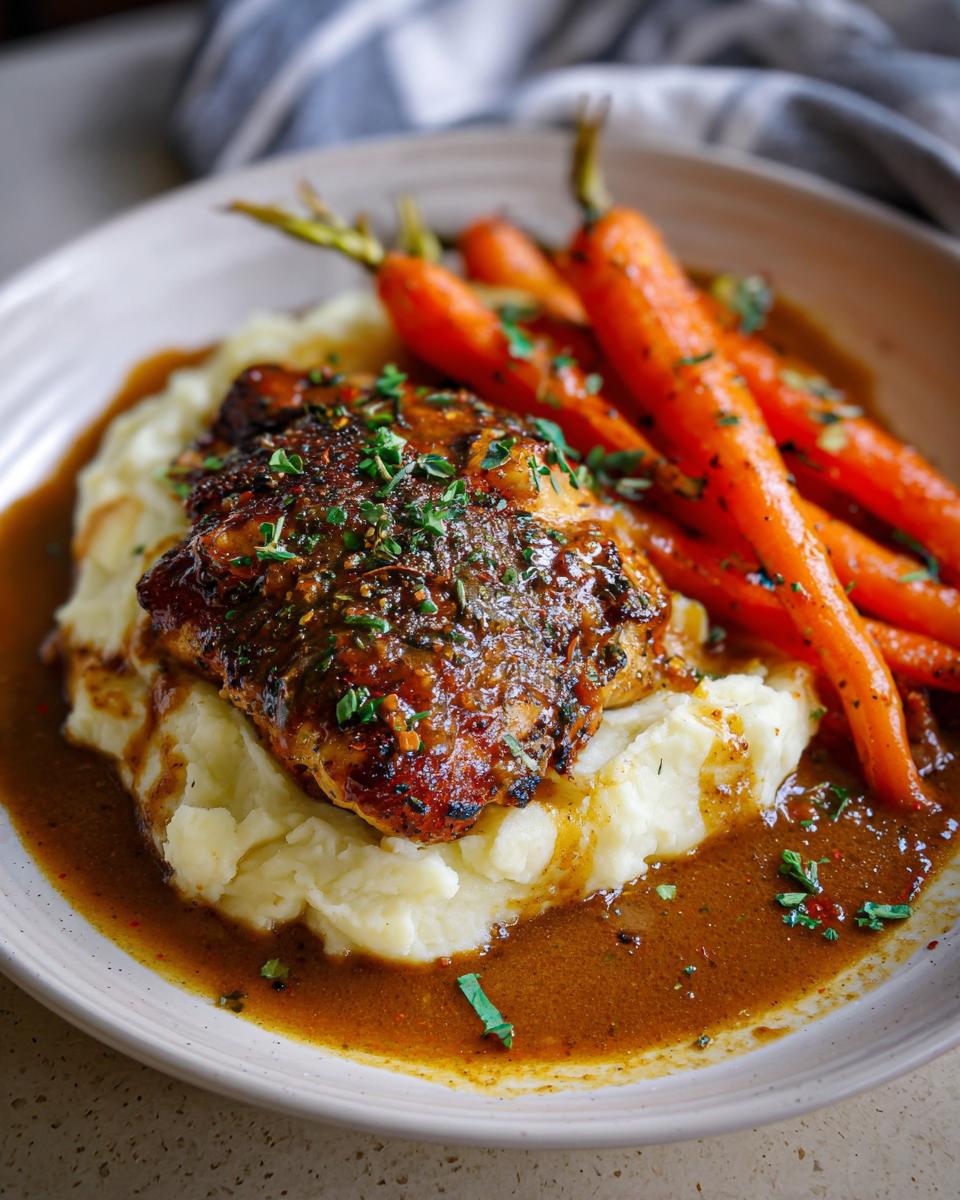 A plated serving of Creamy Herb Chicken with Mashed Potatoes & Glazed Carrots, covered in rich brown sauce.