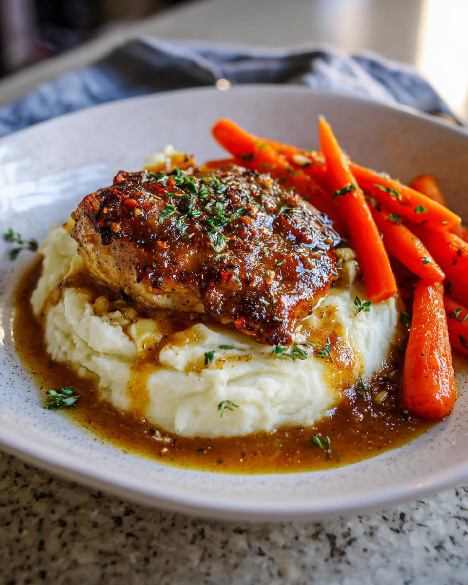 A serving of Creamy Herb Chicken with Mashed Potatoes & Glazed Carrots, topped with rich brown sauce.