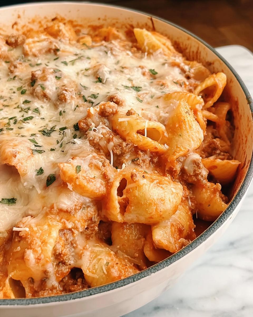 Close-up of a baked dish featuring Creamy High Protein Beef Pasta topped with melted mozzarella and parsley.