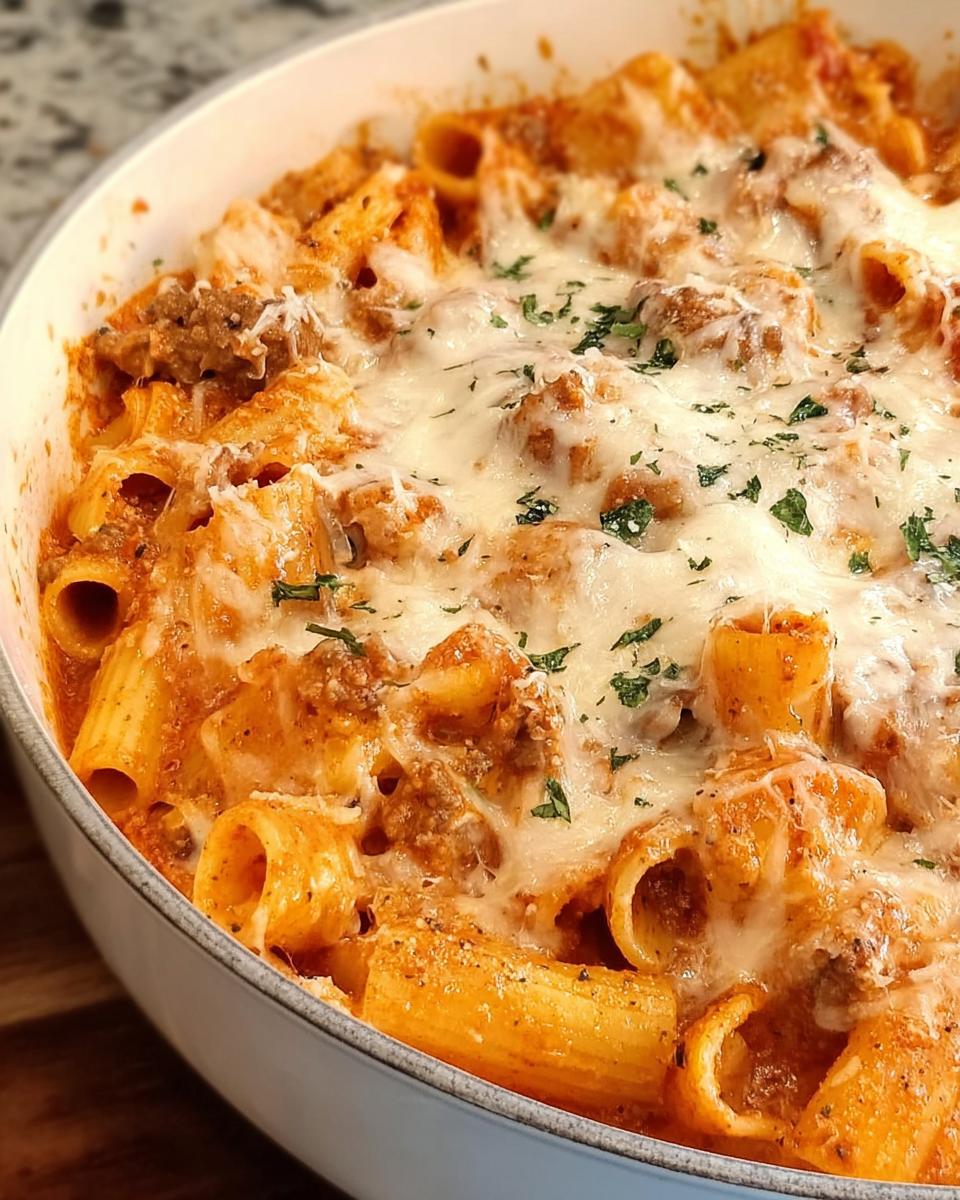 Close-up of baked Creamy High Protein Beef Pasta topped with melted mozzarella cheese and parsley.