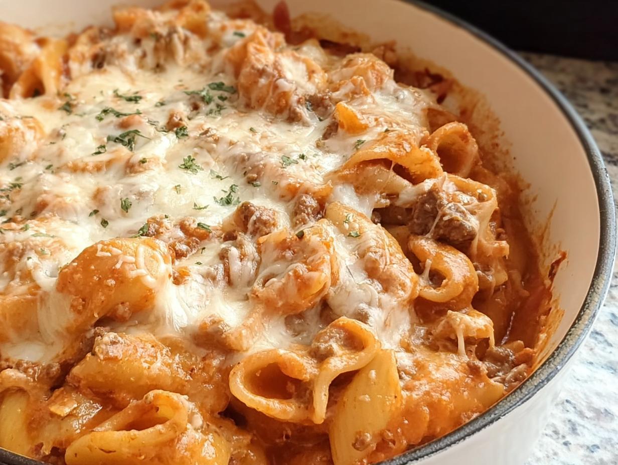 Close-up of baked Creamy High Protein Beef Pasta topped with melted mozzarella cheese and parsley.
