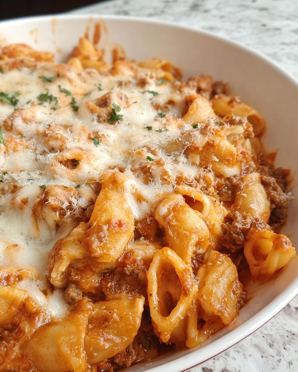 Close-up of a bowl of Creamy High Protein Beef Pasta topped with melted cheese and parsley.