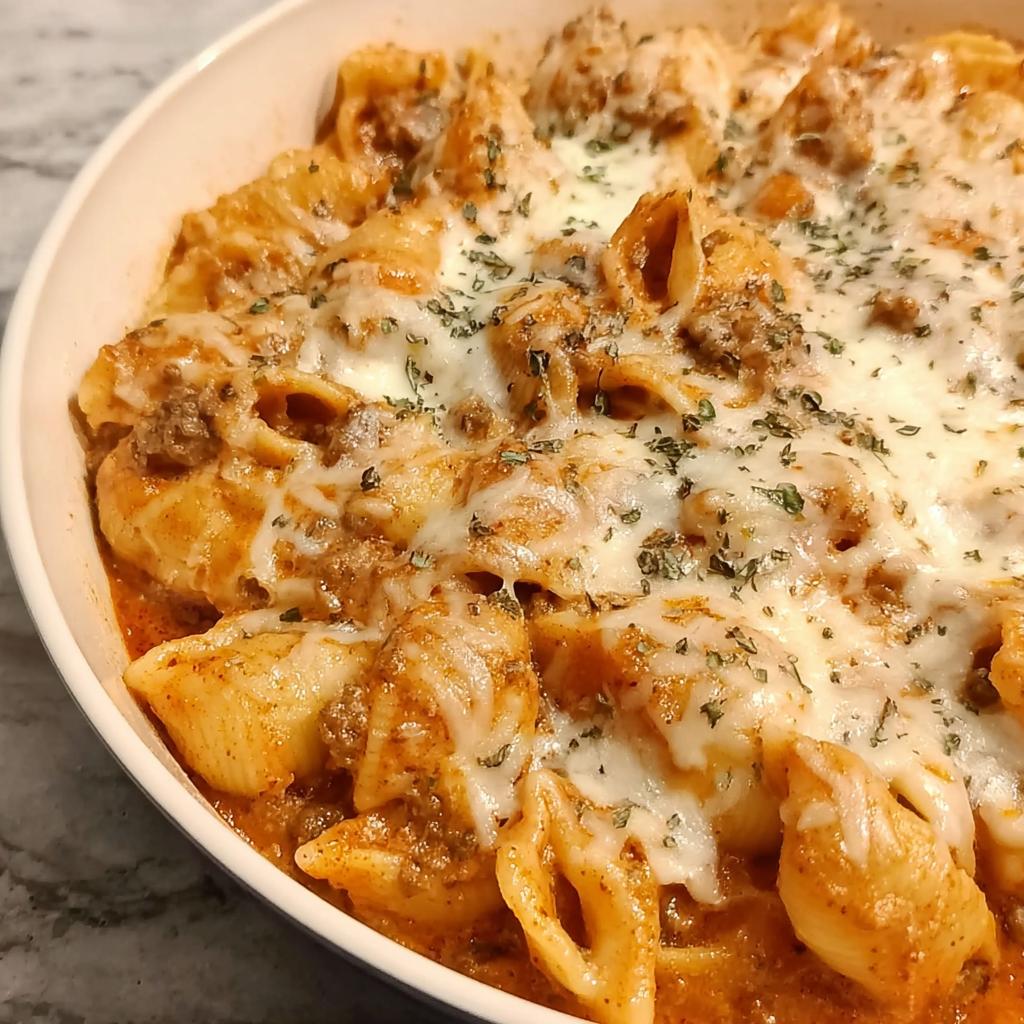 Close-up of baked Creamy High Protein Beef Pasta shells covered in melted mozzarella cheese and herbs.