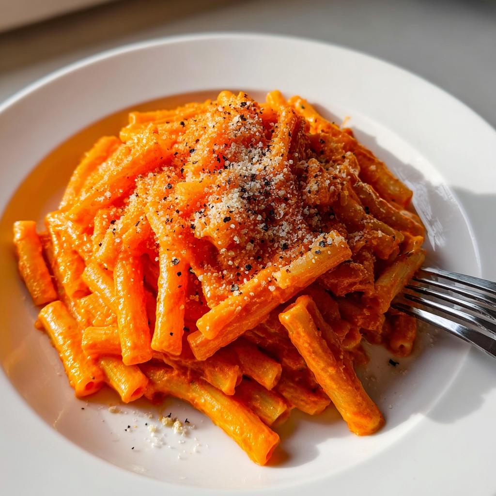 A close-up of rigatoni pasta coated in creamy tomato garlic sauce, topped with grated Parmesan and black pepper.