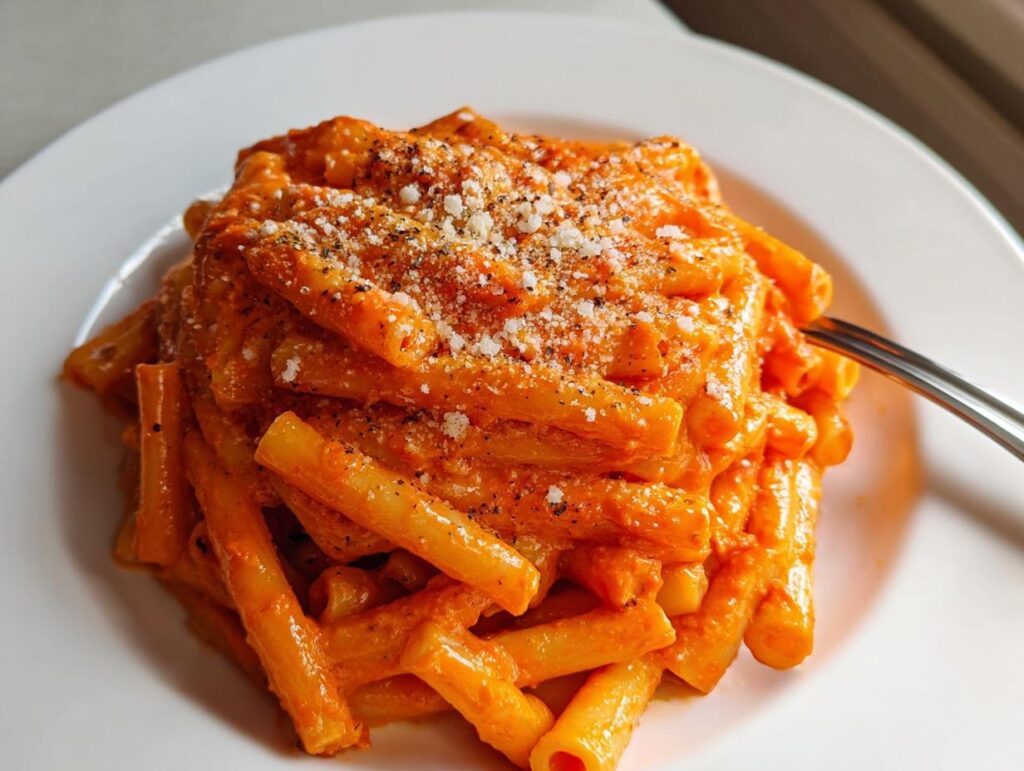 Close-up of a serving of creamy tomato garlic pasta topped with grated cheese and black pepper.