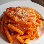 Close-up of a serving of creamy tomato garlic pasta topped with grated cheese and black pepper.