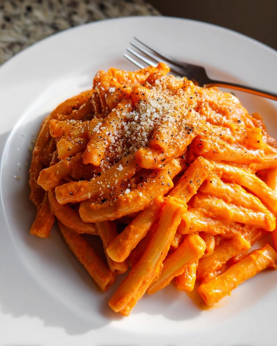 A close-up of creamy tomato garlic pasta topped with grated cheese and black pepper on a white plate.