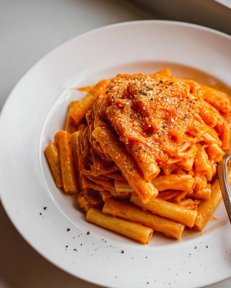 A close-up of rich, creamy tomato garlic pasta topped with grated Parmesan cheese and black pepper.