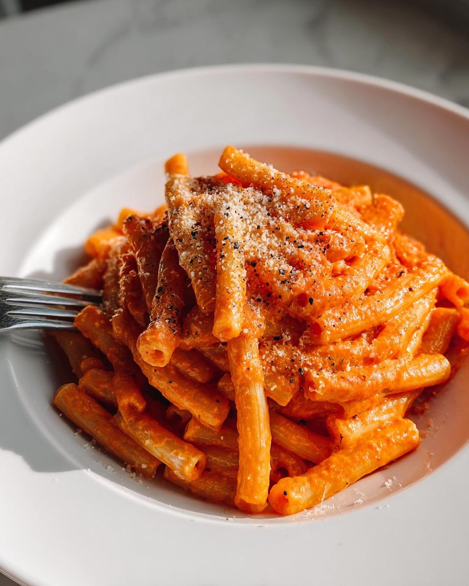 Close-up of rigatoni pasta coated in creamy tomato garlic sauce, topped with grated cheese and black pepper.