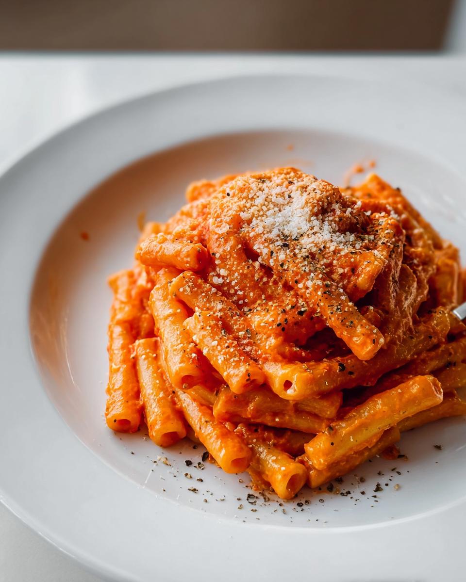 Close-up of rigatoni pasta coated in creamy tomato garlic sauce, topped with grated cheese.