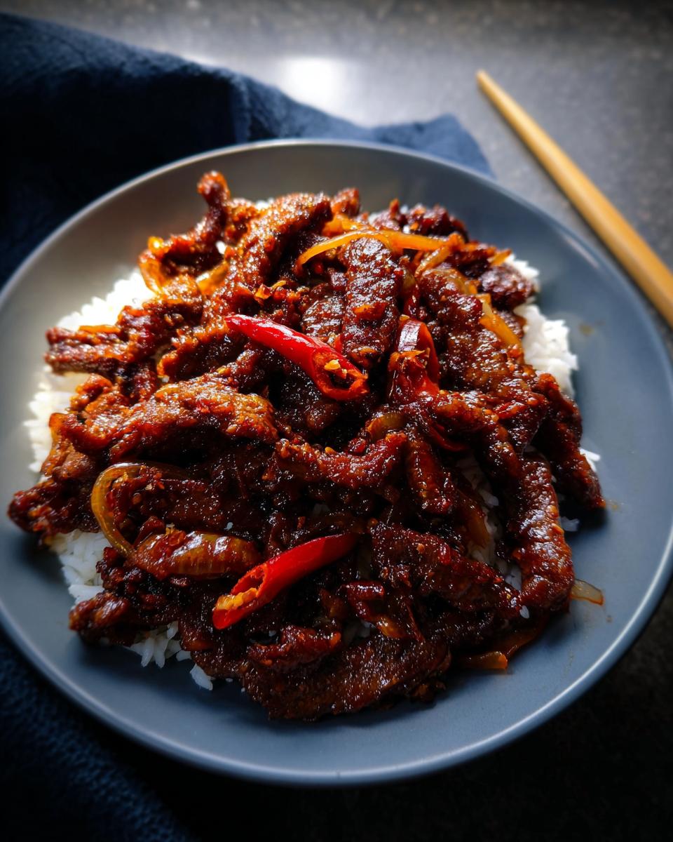 A close-up of Crispy Chilli Beef Rice served on a grey plate, topped with chili peppers.