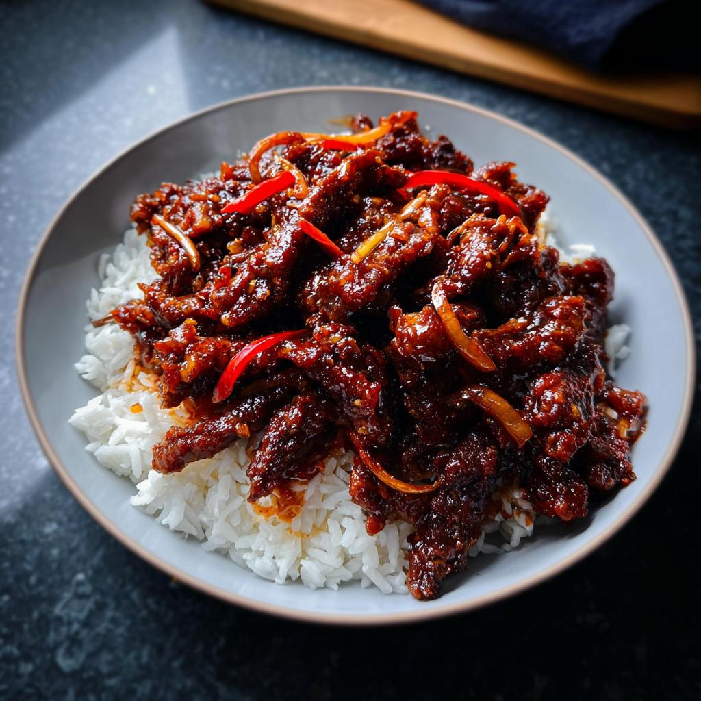 A close-up of Crispy Chilli Beef Rice served in a light grey bowl, topped with sliced red chilies.