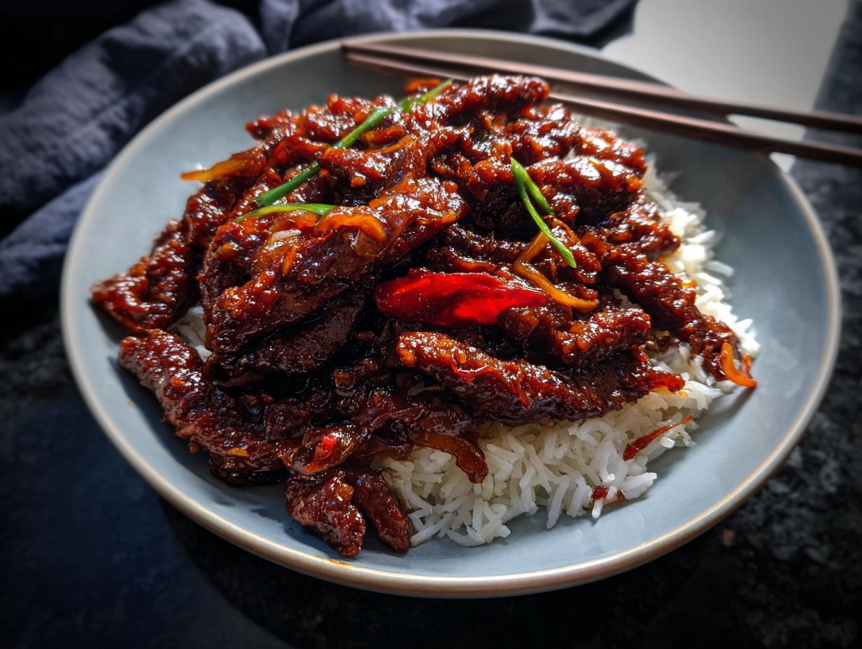 A close-up of Crispy Chilli Beef Rice, featuring dark, glossy beef strips over white rice, garnished with spring onions.