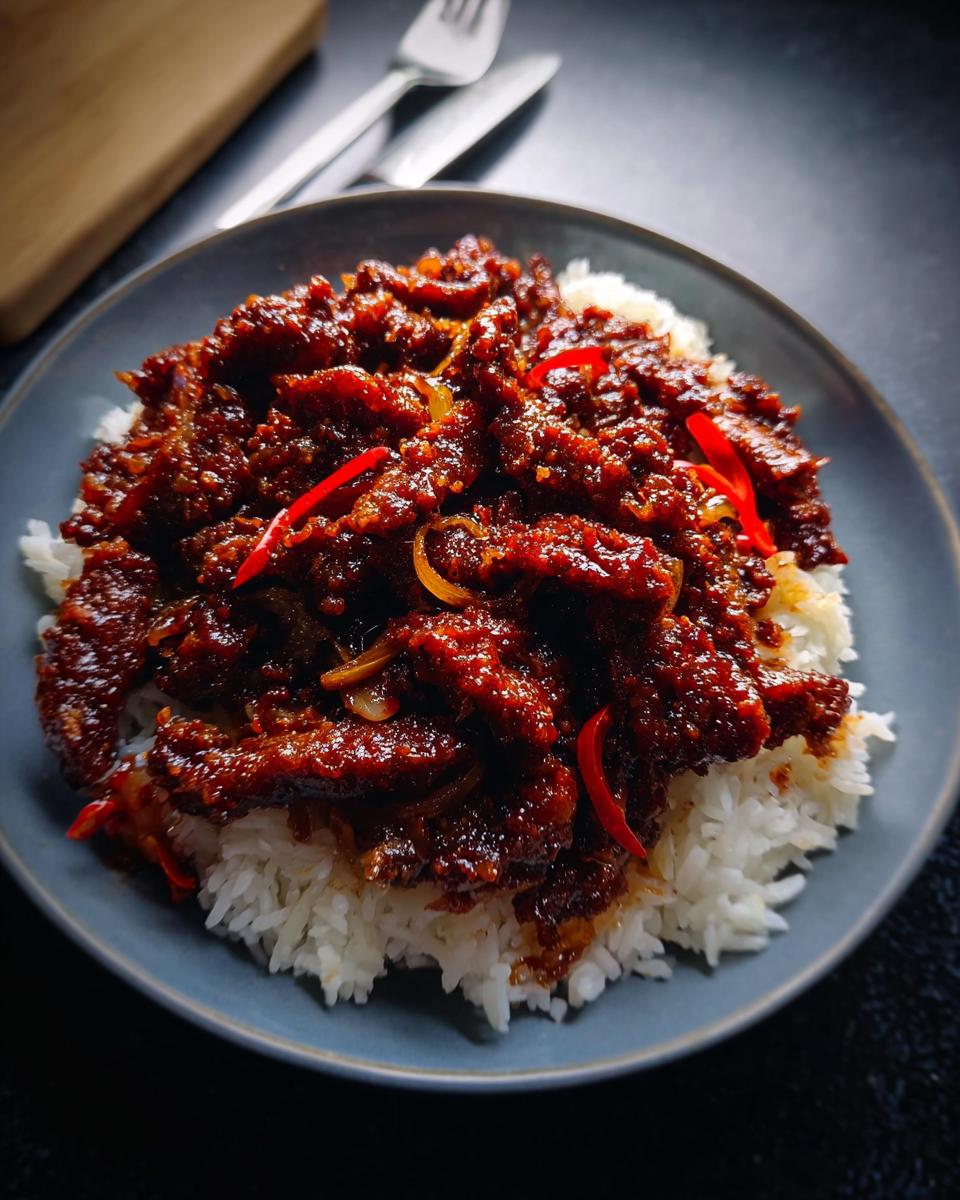 A close-up of Crispy Chilli Beef Rice served on white rice in a dark blue bowl, garnished with red chili slices.