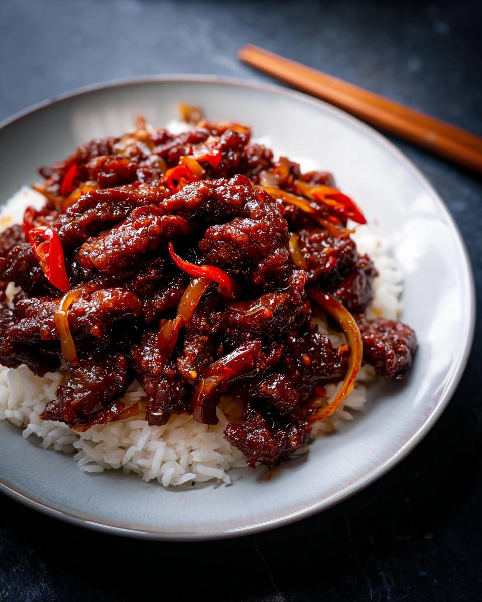 A close-up of Crispy Chilli Beef Rice, featuring dark, glossy beef strips over white rice with sliced red chilies.