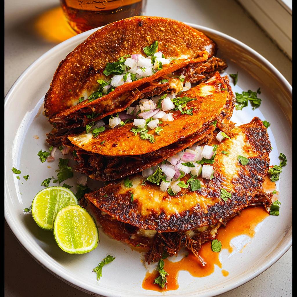 Three crispy, cheesy My Fave Birria Tacos topped with diced white onion and cilantro, served with lime wedges.