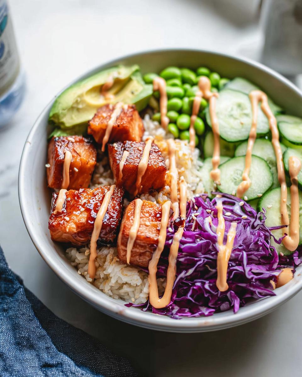 Close-up of a Crispy Salmon and Rice Bowl featuring glazed salmon cubes, rice, avocado, edamame, cucumber, and red cabbage with spicy mayo.