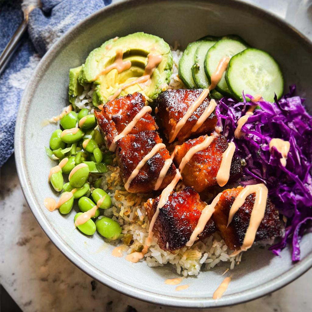 Close-up of a Crispy Salmon and Rice Bowl topped with avocado, edamame, cucumber, red cabbage, and spicy mayo drizzle.