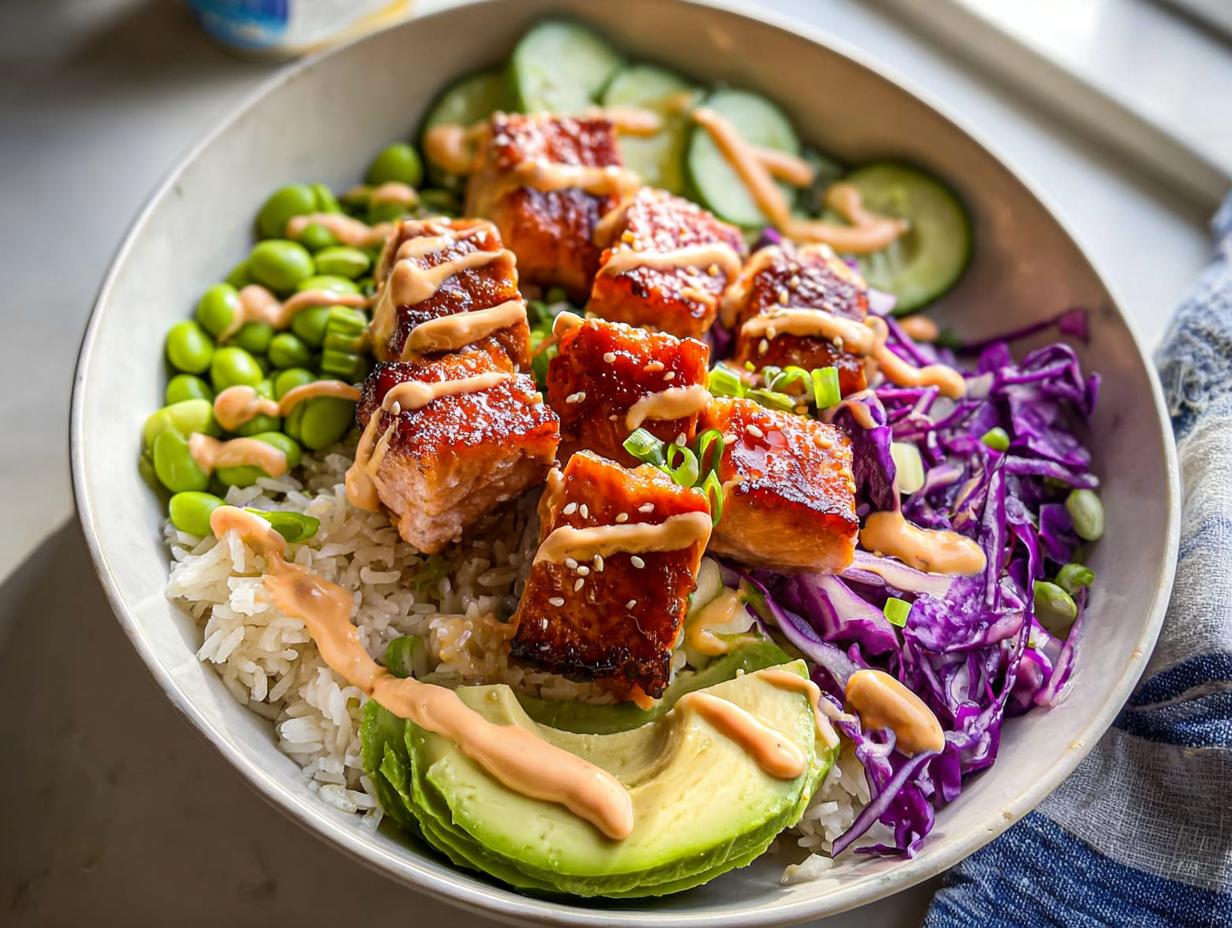 Close-up of a Crispy Salmon and Rice Bowl featuring glazed salmon cubes, white rice, avocado, edamame, and spicy mayo drizzle.