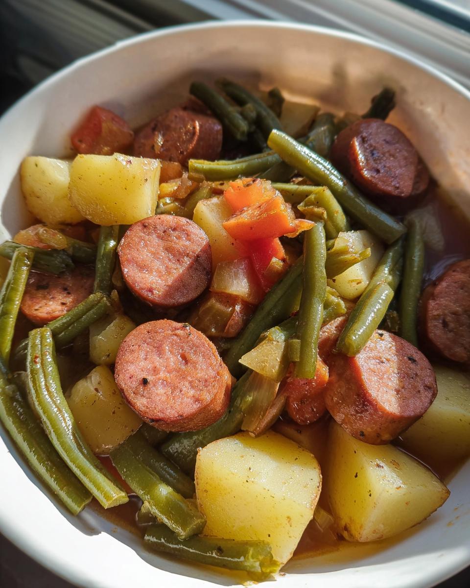 Close-up of Crockpot Kielbasa and Green Beans with potatoes and broth in a white bowl.