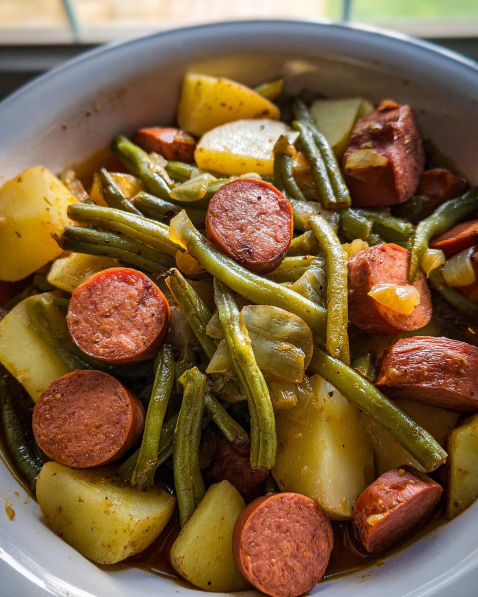 A close-up view of a hearty bowl of Crockpot Kielbasa and Green Beans mixed with chunks of potato.