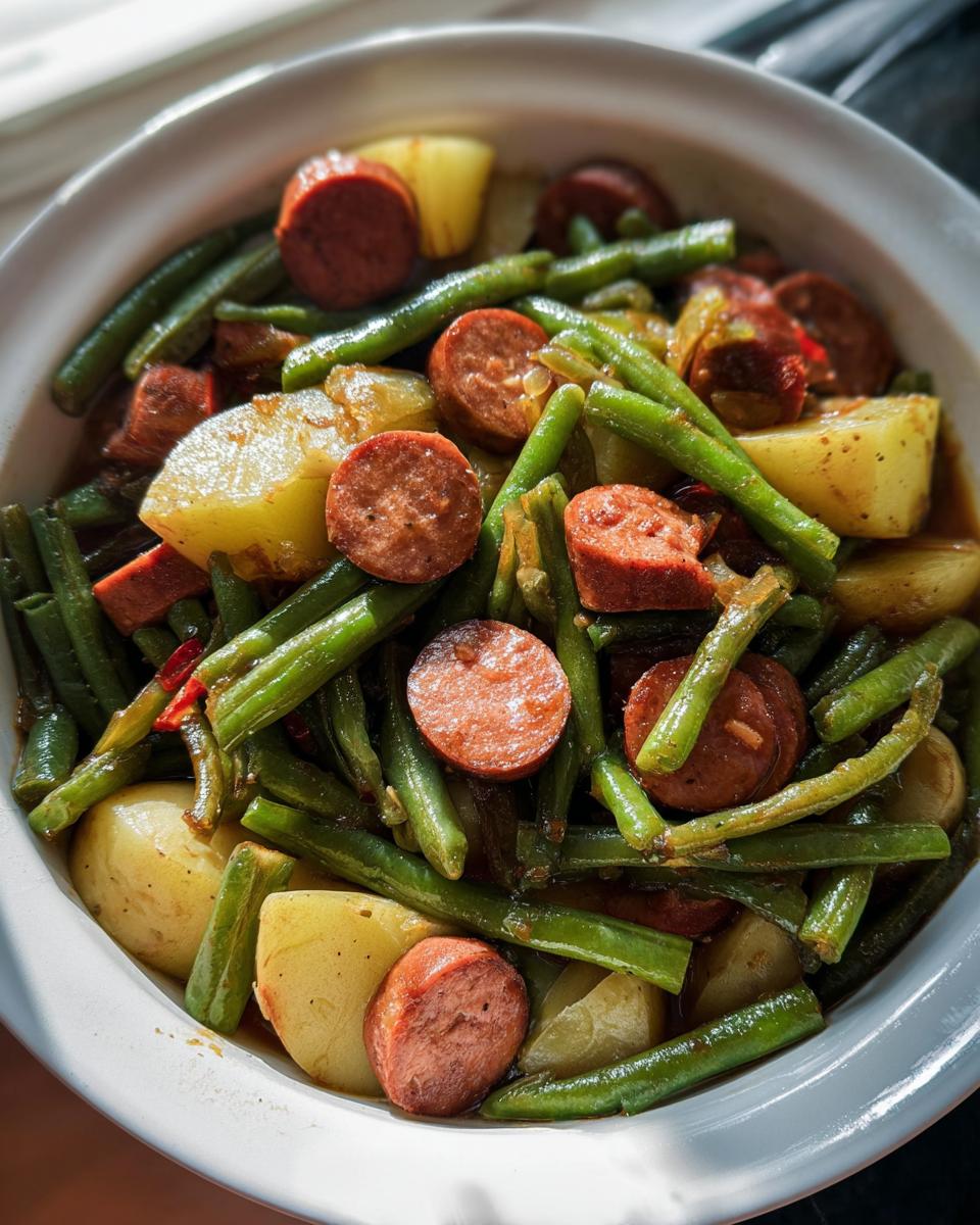 Close-up of Crockpot Kielbasa and Green Beans mixed with chunks of potato in a white bowl.