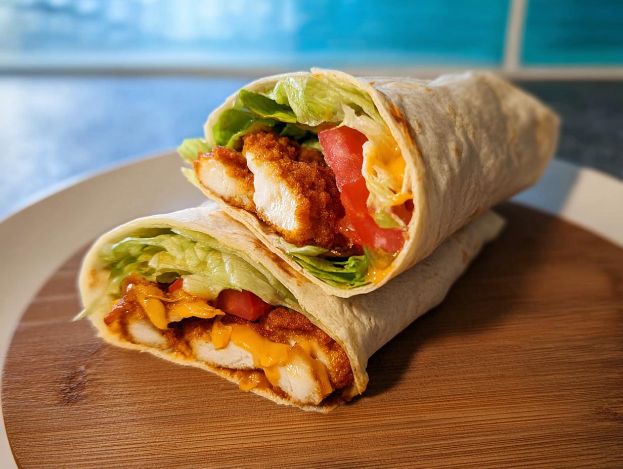 Two halves of Crunchy Crispy Air Fryer Chicken & Mozzarella Wraps filled with breaded chicken, lettuce, tomato, and melted cheese.