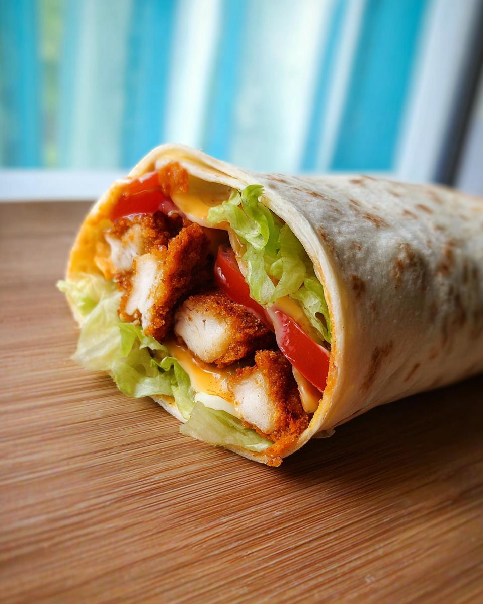 Close-up of a Crunchy Crispy Air Fryer Chicken & Mozzarella Wrap filled with breaded chicken, lettuce, tomato, and cheese.