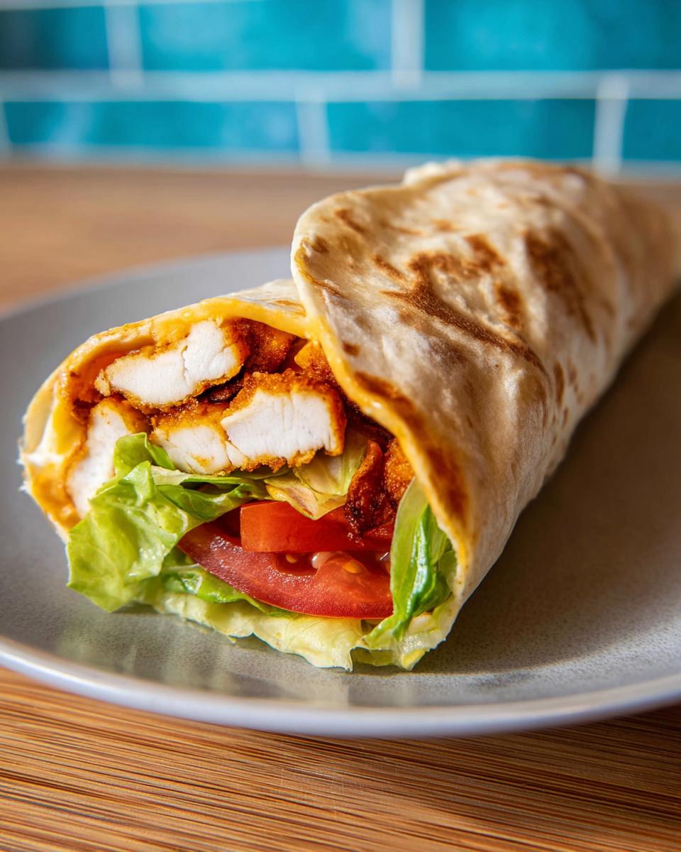A close-up view of a Crunchy Crispy Air Fryer Chicken & Mozzarella Wrap filled with breaded chicken, lettuce, and tomato.