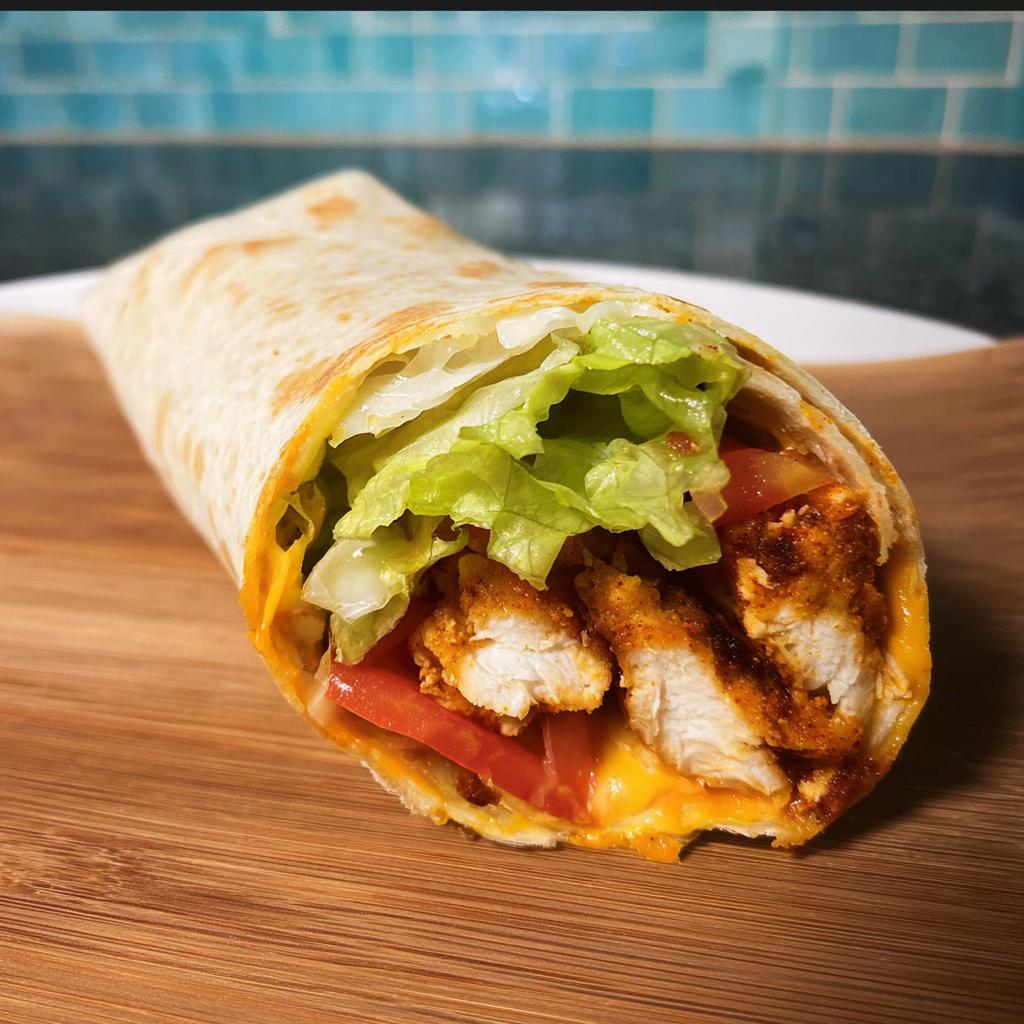 Cross-section view of a Crunchy Crispy Air Fryer Chicken Wrap filled with breaded chicken, lettuce, and tomato.