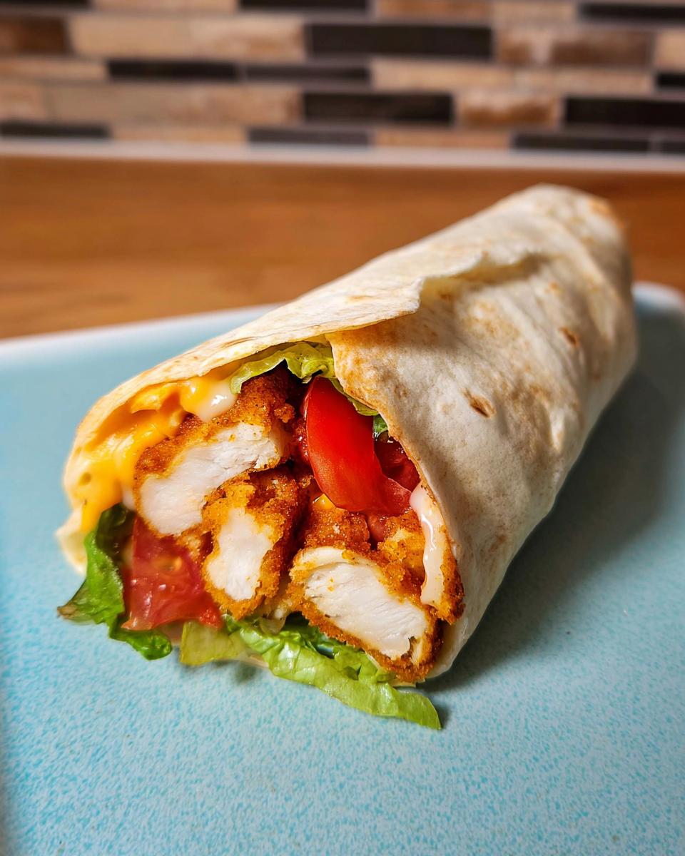 A close-up of a Crunchy Crispy Air Fryer Chicken & Mozzarella Wrap filled with golden chicken pieces, lettuce, and tomato.