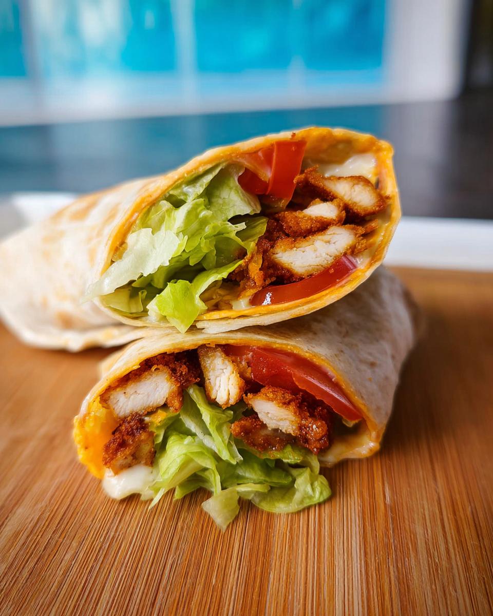 Two halves of Crunchy Crispy Air Fryer Chicken & Mozzarella Wraps showing crispy chicken, lettuce, and tomato.