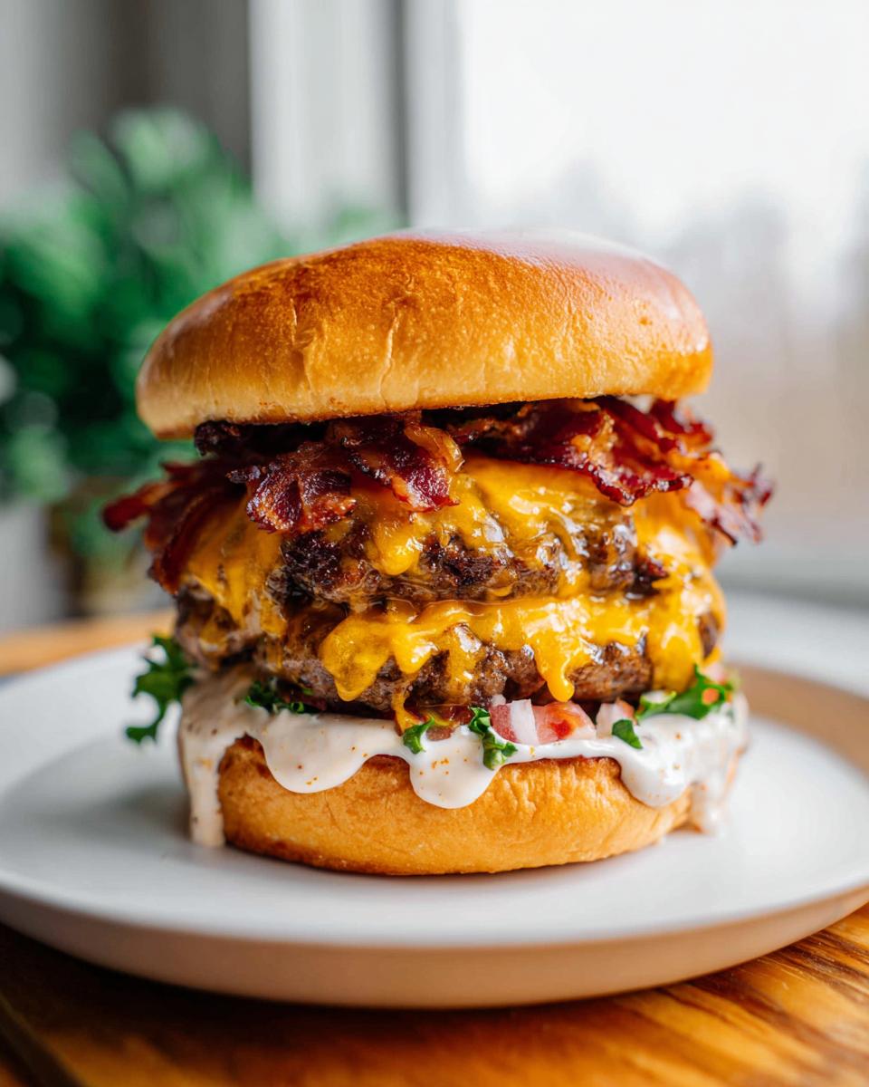 A tall, double-patty Crack Burgers stacked high with melted cheese and crispy bacon on a toasted bun.