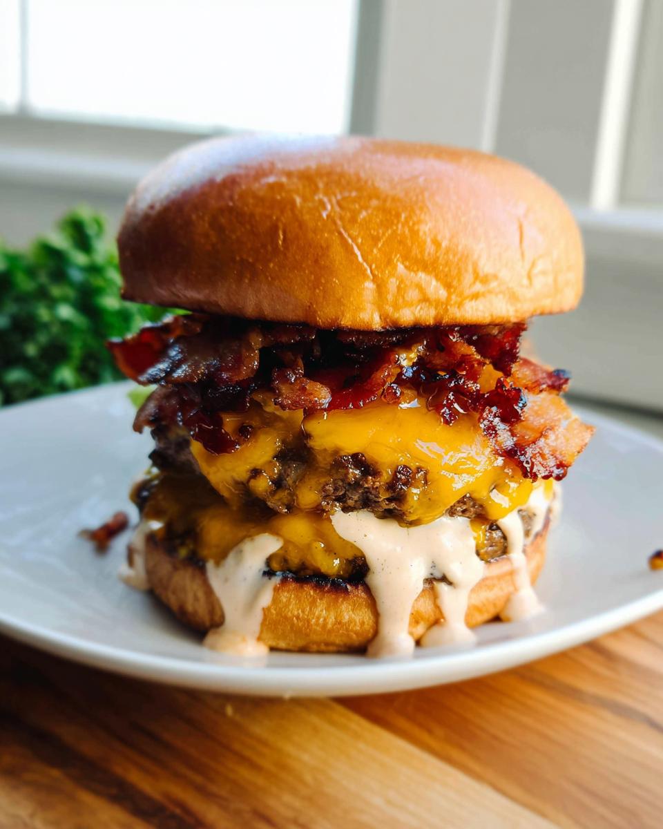 A tall, stacked double patty Crack Burgers featuring melted cheese, crispy bacon, and dripping secret sauce on a toasted bun.